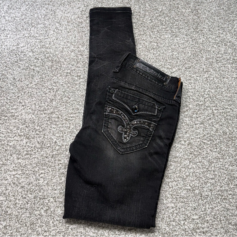 Women’s‎ Rock Revival Dark Wash Black Distressed Beliss Skinny Jeans Size 26x32